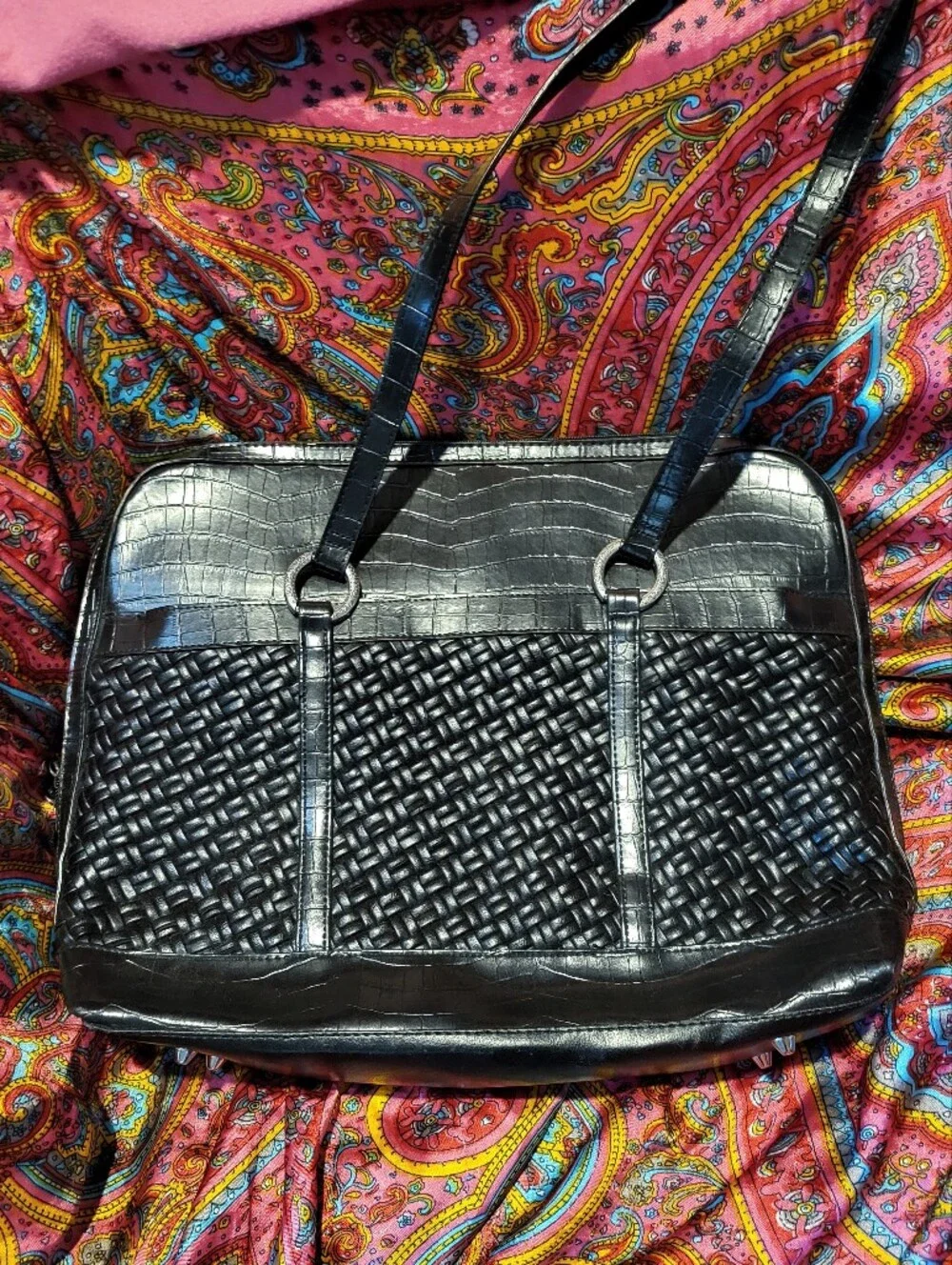 Coldwater Creek Hampton Computer Laptop Bag Black Faux Leather Woven Reptile
